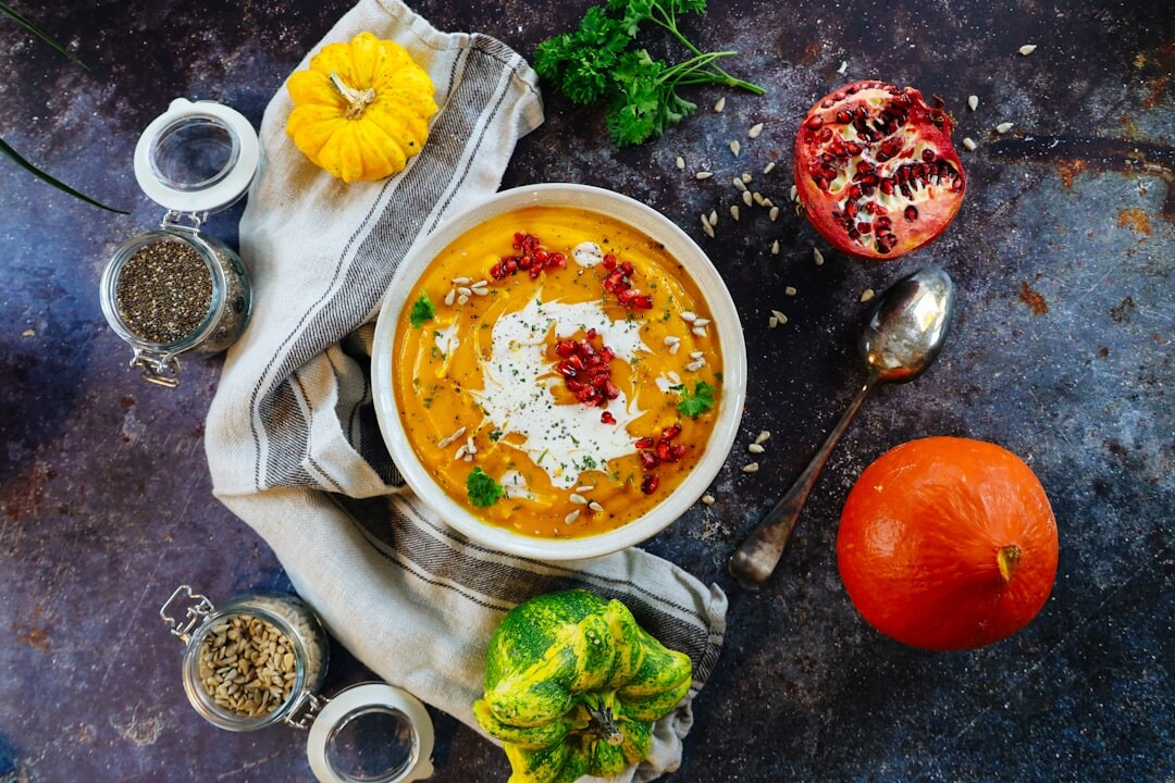 Autumn vegetable soup with pumpkin and mushrooms